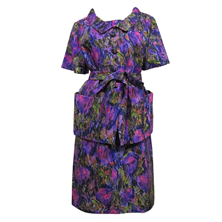 60s Christian Dior Silk Floral Print Sheath Dress and Jacket For Sale