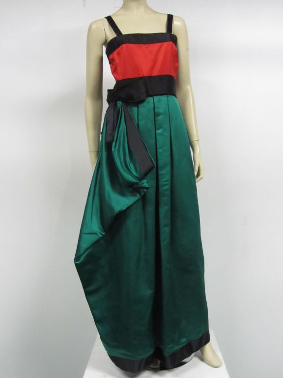 Bill Blass silk satin 80s gown in green, red and black, with asymmetrical draped skirt. Size 6