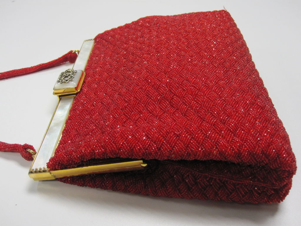Women's 50s French Red Beaded Evening Bag - Gorgeous Pattern!
