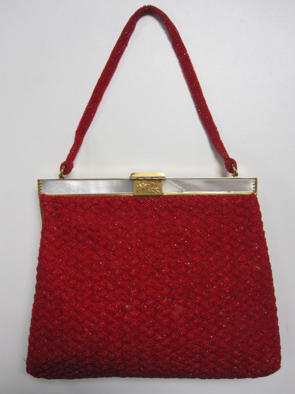 50s French Red Beaded Evening Bag - Gorgeous Pattern! 2