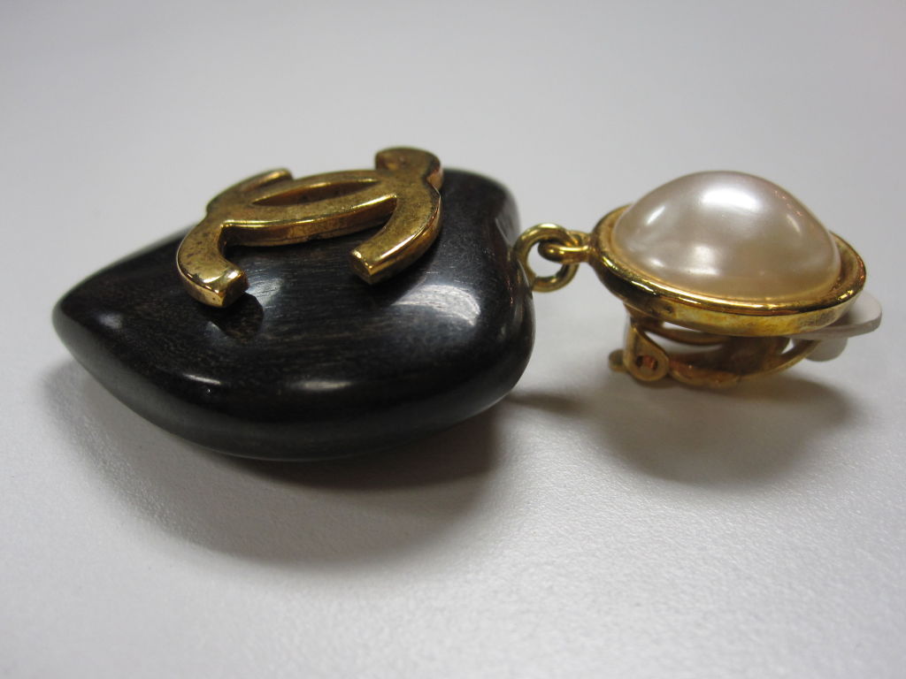 Women's Chanel Ebony Heart Logo Earrings with Faux Pearls