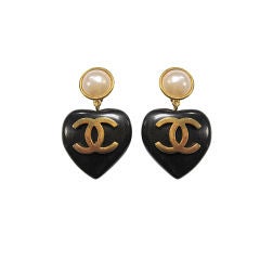 Chanel Ebony Heart Logo Earrings with Faux Pearls
