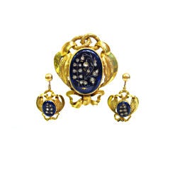 Victorian Brooch/Earring Set in Vermeille Enamel and Diamonds
