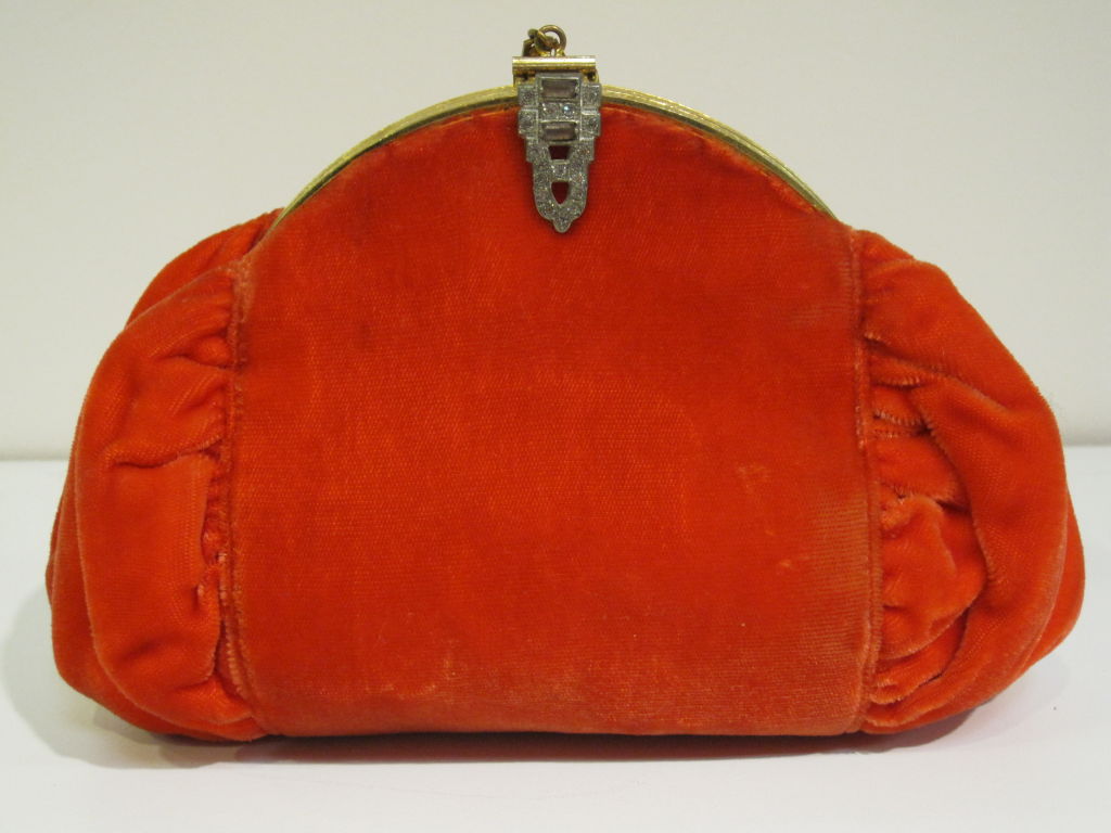30s Deco Velvet Clutch in Persimmon Silk w/ Rhinestone Clasp