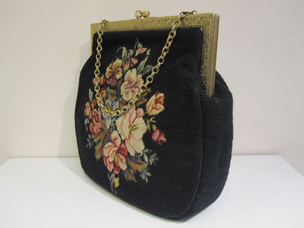 Women's 50s Large Needlepoint Handbag with Floral Motif