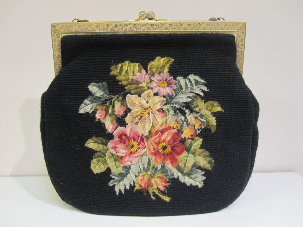 50s Large Needlepoint Handbag with Floral Motif 1