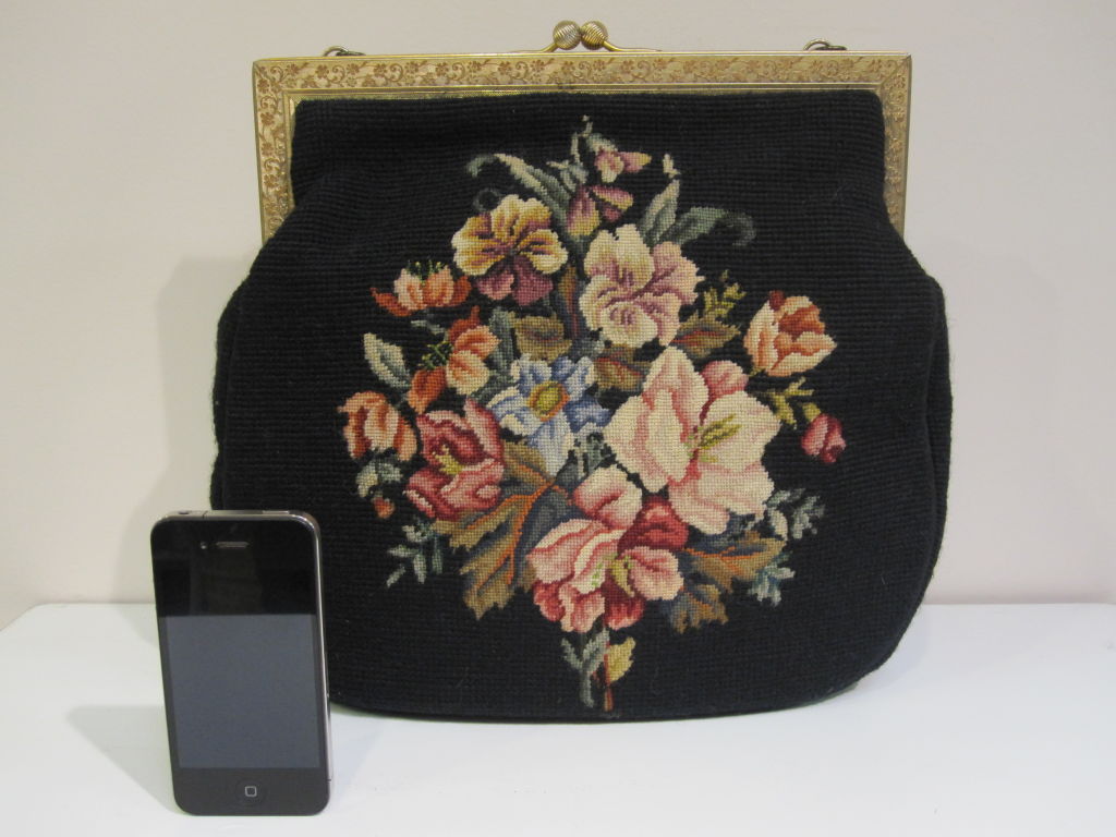 50s Large Needlepoint Handbag with Floral Motif 3