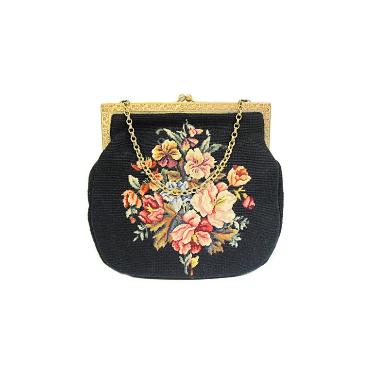 50s Large Needlepoint Handbag with Floral Motif at 1stdibs