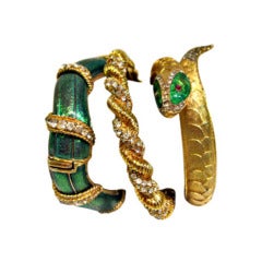 Vintage 60s Enameled and Rhinestone Serpent Cuffs--Lot of 3
