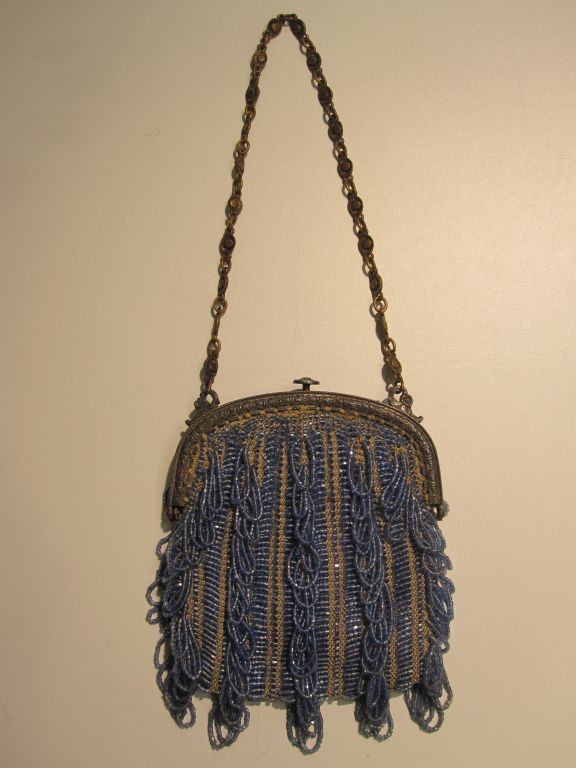 20s Cornflower Blue Loop-Fringe Hand-Beaded Bag
