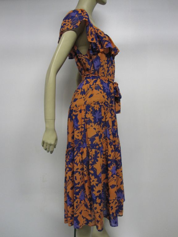 Women's Ted Lapidus 80s Floral Print Crepe Peasant Dress