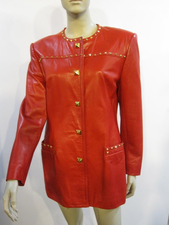 Escada 80s Vivid Red Leather Jacket with Gold Studs! at 1stDibs | gold