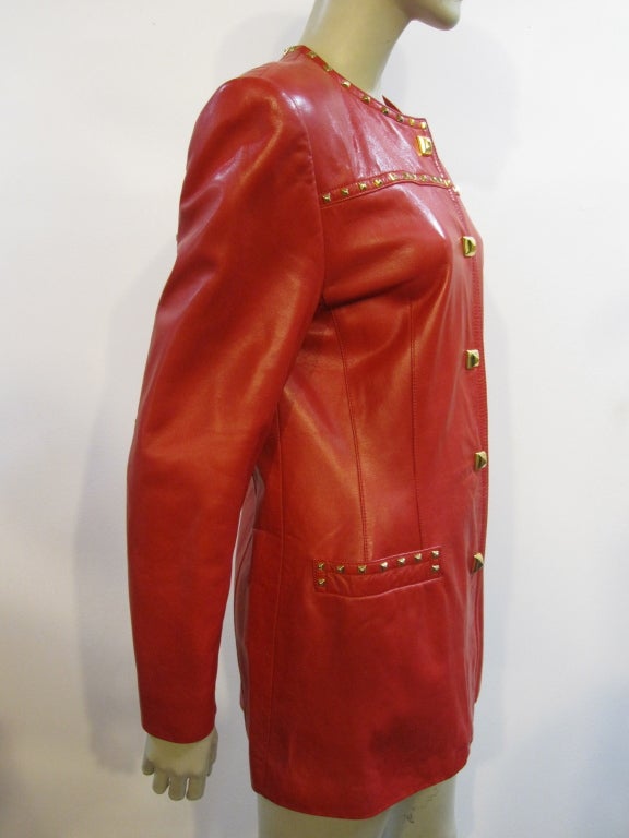 Escada 80s Vivid Red Leather Jacket with Gold Studs! at 1stdibs