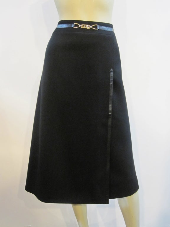 Celine 70s Black Gabardine Skirt w/Leather and Chain Trim