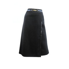 Celine 70s Black Gabardine Skirt w/Leather and Chain Trim