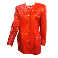 Vintage Escada 80s Vivid Red Leather Jacket with Gold Studs!