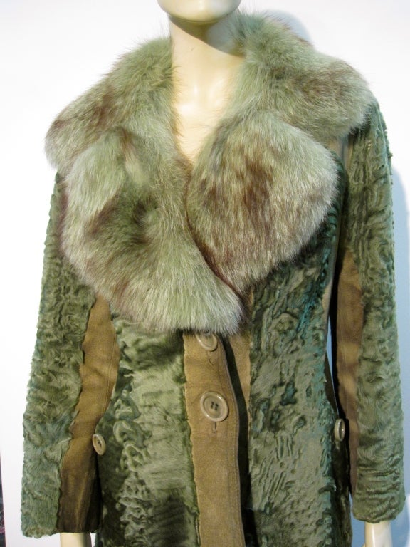Women's 70s Olive Broadtail and Suede Coat with Matching Fox Collar