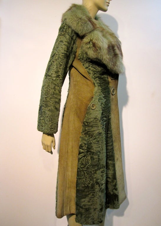 70s Olive Broadtail and Suede Coat with Matching Fox Collar 1
