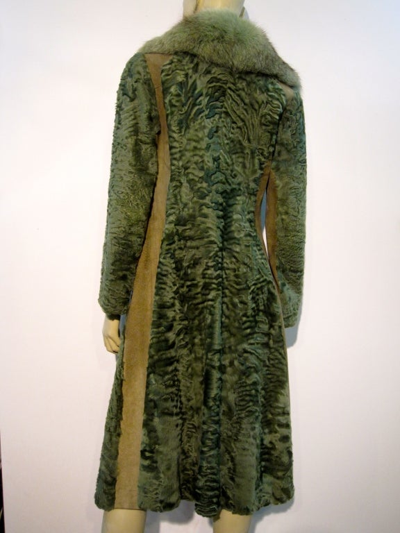 70s Olive Broadtail and Suede Coat with Matching Fox Collar 2