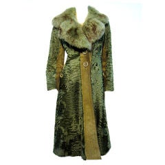 70s Olive Broadtail and Suede Coat with Matching Fox Collar