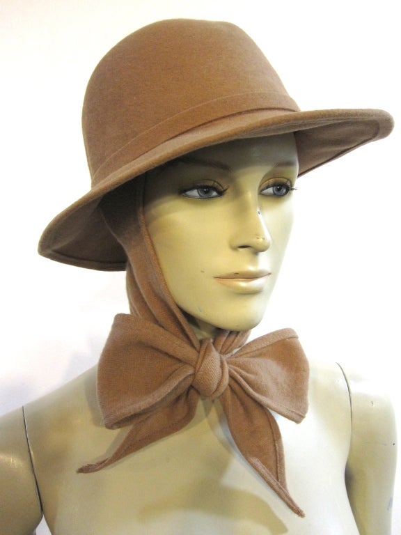 Adolfo Camel Wool Felt Fedora with Attached Scarf at 1stDibs | hats with scarf  attached, brimmed hat with attached scarf, hats with scarves attached