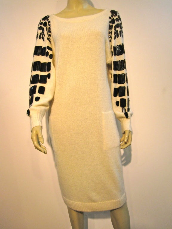 80s Krizia Ivory Sweater Dress with Large "Paillettes"