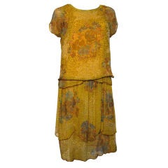 20s Gorgeous Beaded Chiffon Tea Dress in Yellow with Florals