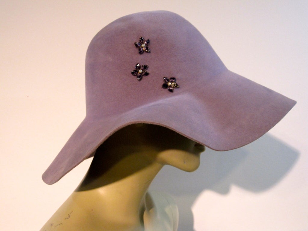 70s Floppy Brim Lavender Felt Borsalino Ladies Hat with Flowers 1