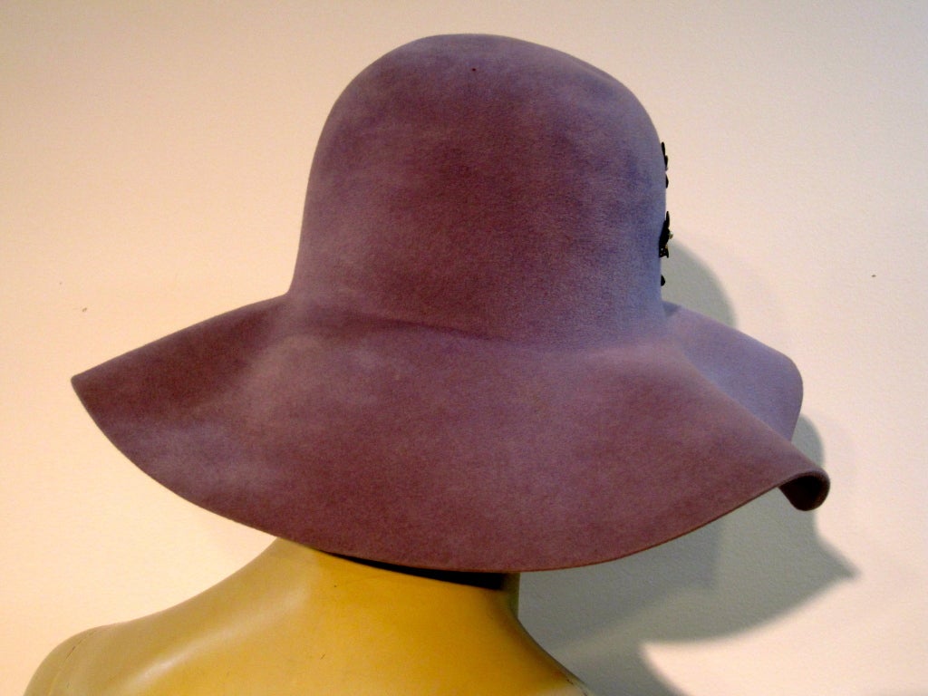 70s Floppy Brim Lavender Felt Borsalino Ladies Hat with Flowers 2