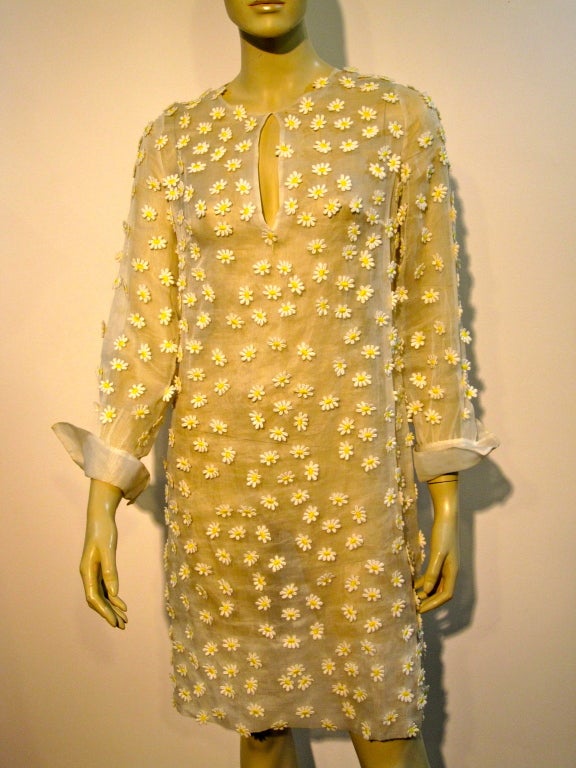 60s Mod Organza Dress with All-Over Daisy Appliqués
