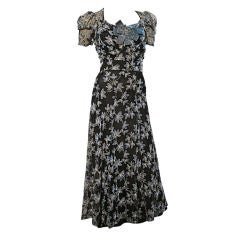 30s Embroidered Floral Tulle Dress with Puff Sleeves