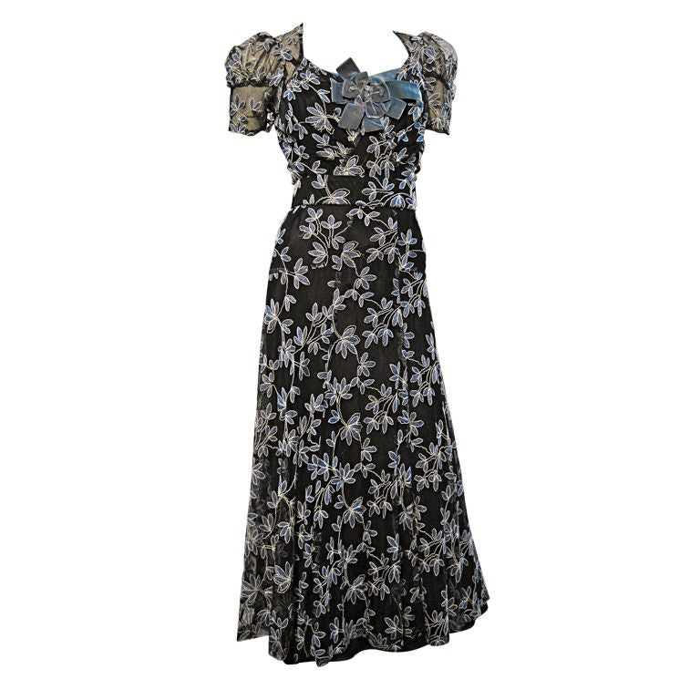 30s Embroidered Floral Tulle Dress with Puff Sleeves at 1stDibs