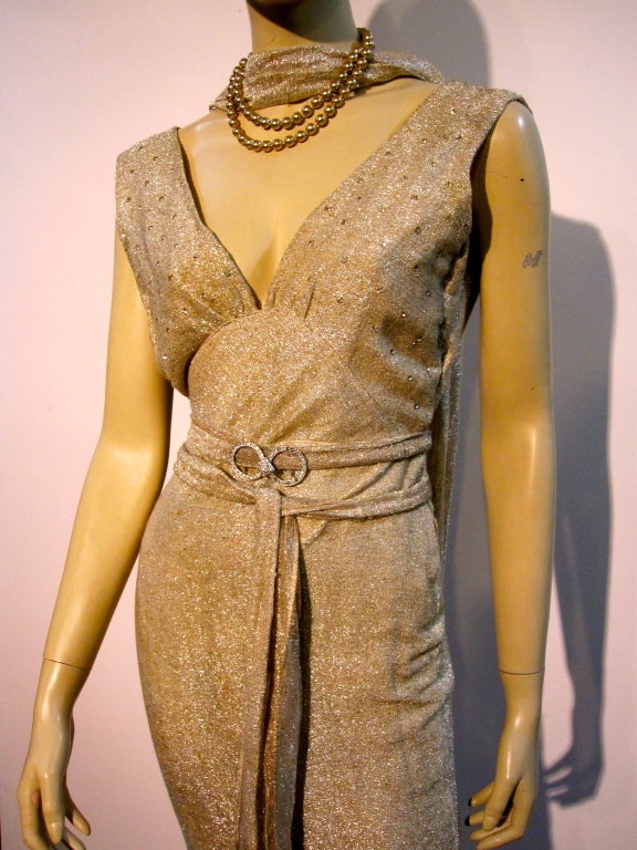 30s Lamé Bias Cut Rhinestone Studded Gown with Plunging Back at 1stdibs