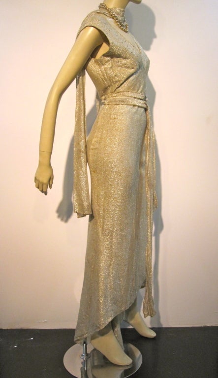 Women's 30s Lamé Bias Cut Rhinestone Studded Gown with Plunging Back