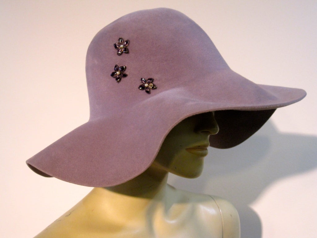 Women's 70s Floppy Brim Lavender Felt Borsalino Ladies Hat with Flowers