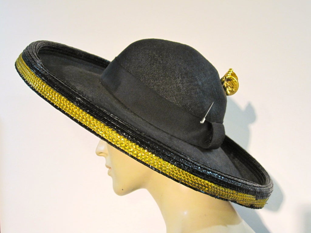 Adolfo II 80s Straw Cartwheel Hat with Gold Braid Trim and Pin