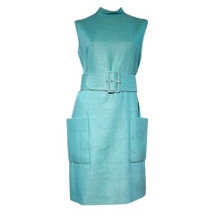 Norman Norell For I. Magnin Turquoise Linen Shift Dress w/ Belt