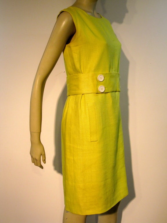 Norman Norell 60s Chartreuse Linen Shift Dress with Belt at 1stDibs