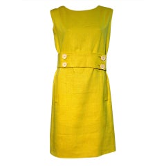 Norman Norell 60s Chartreuse Linen Shift Dress with Belt