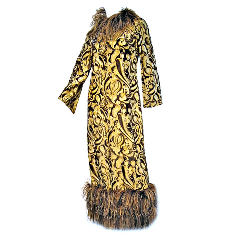Bill Blass 60s Over-The-Top Paisley Lamé Gown w/ Ostrich Trim