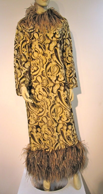 Brown Bill Blass 60s Over-The-Top Paisley Lamé Gown w/ Ostrich Trim