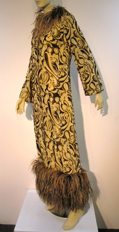 Women's Bill Blass 60s Over-The-Top Paisley Lamé Gown w/ Ostrich Trim