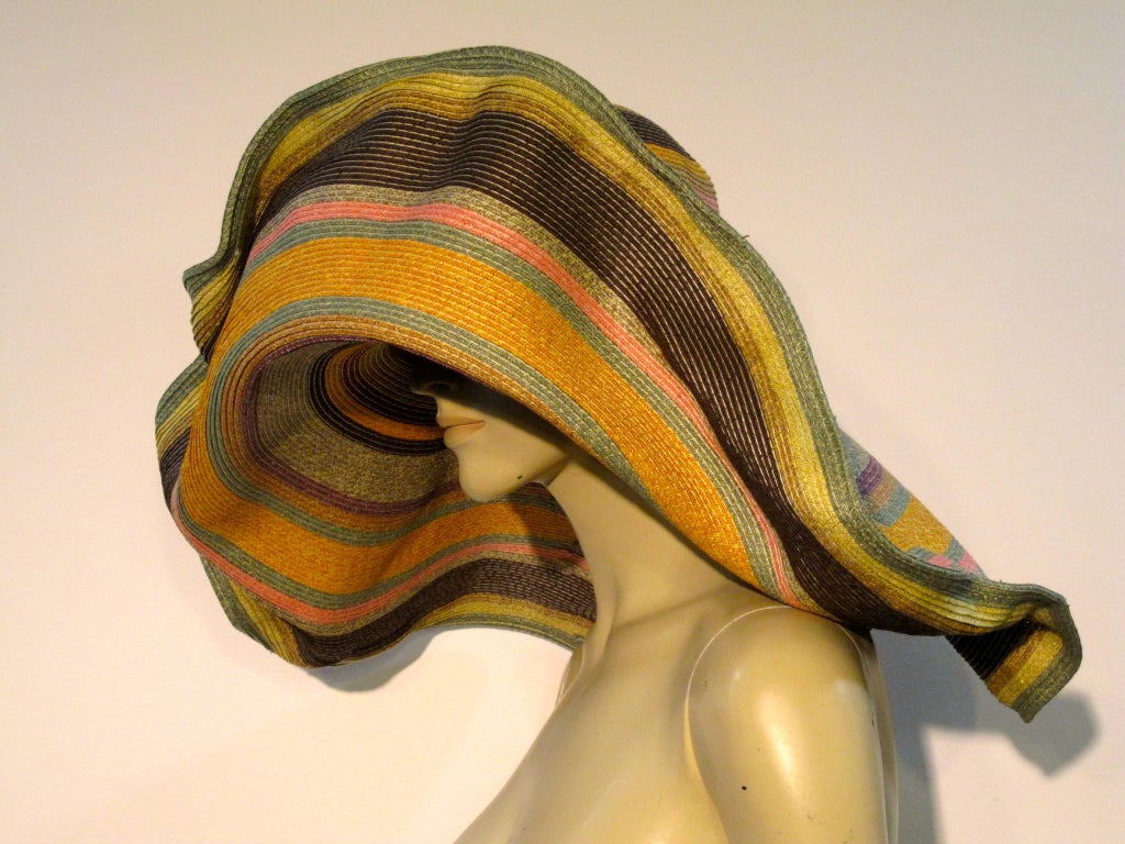 Women's Huge Dramatic Straw Sunhat w/ Multi-Color Stripes & Wired Brim