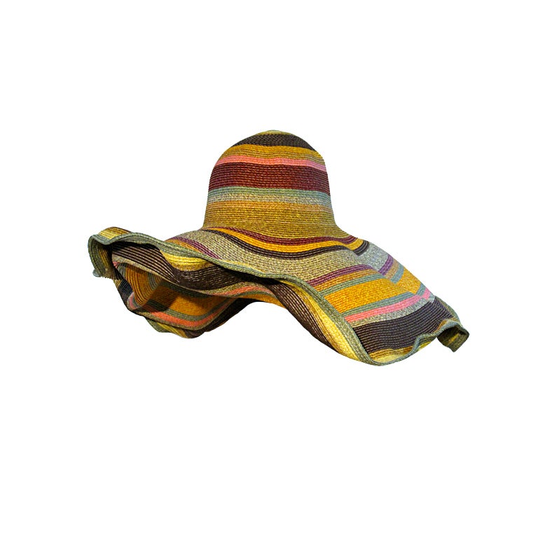 Huge Dramatic Straw Sunhat w/ Multi-Color Stripes & Wired Brim