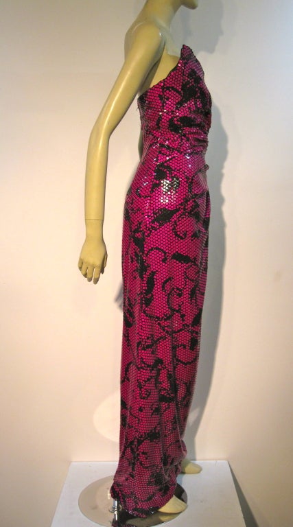 Bob Mackie Slinky 70s Sequin Fuchsia and Black Strapless Column 1