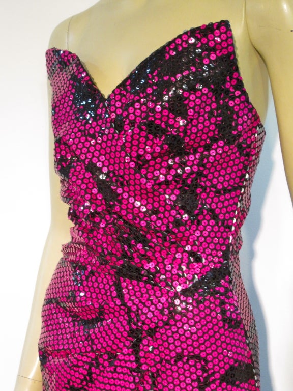 Bob Mackie Slinky 70s Sequin Fuchsia and Black Strapless Column 3