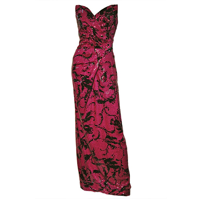 Bob Mackie Slinky 70s Sequin Fuchsia and Black Strapless Column