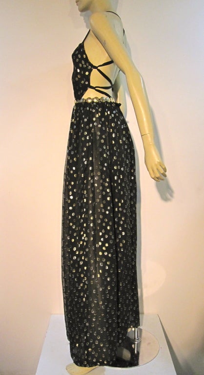 70s Silk Lamé Polka-Dot Chiffon Backless Dress 1
