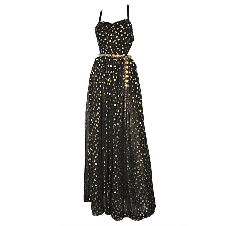 70s Silk Lamé Polka-Dot Chiffon Backless Dress