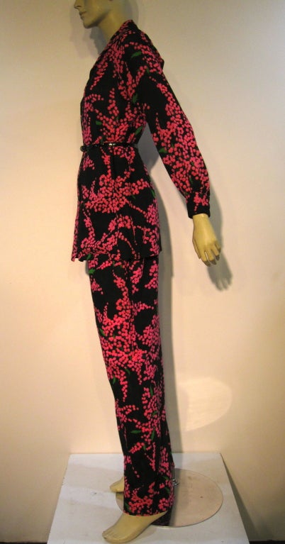 Women's Yves Saint Laurent 70's Pant Suit w/ Electric Pink Floral Print